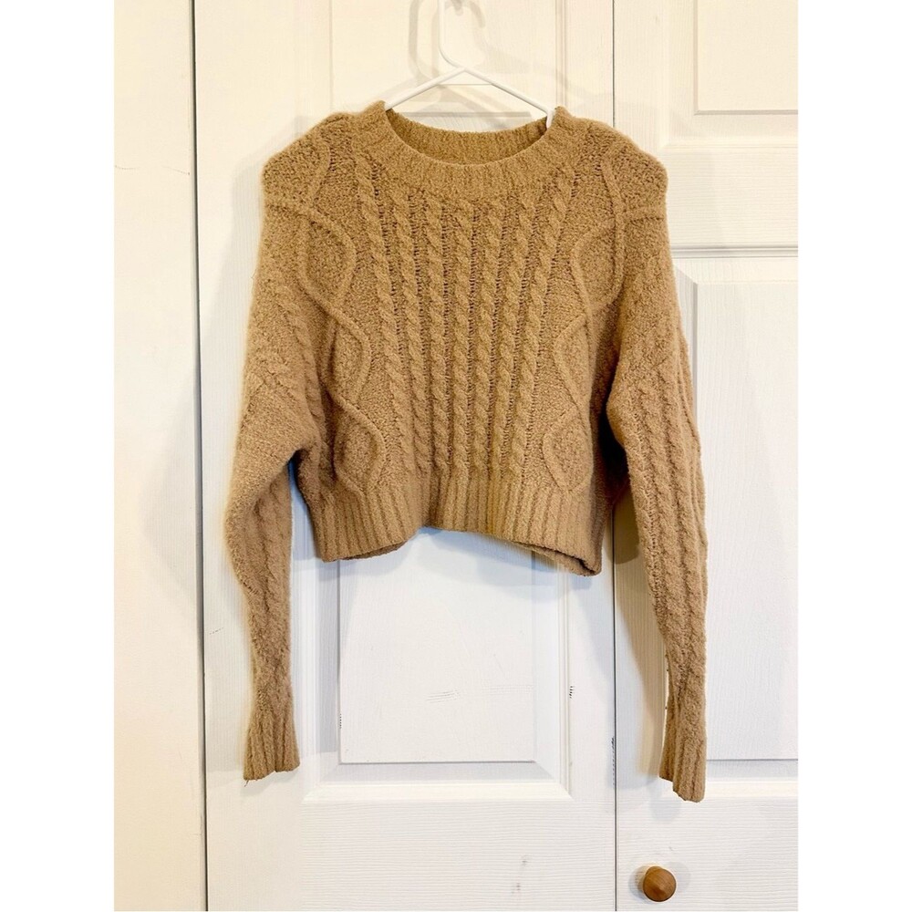 aerie Tan Cable Knit Crewneck Sweater